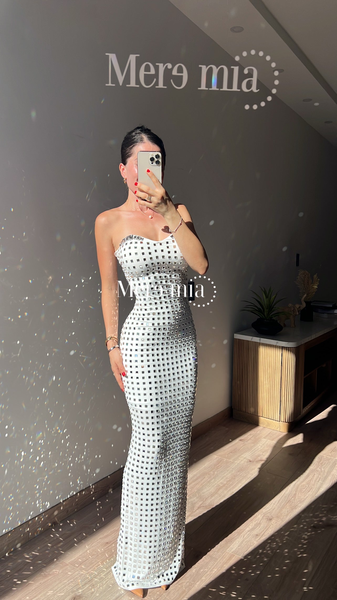 Vestido blanco cuadro plata