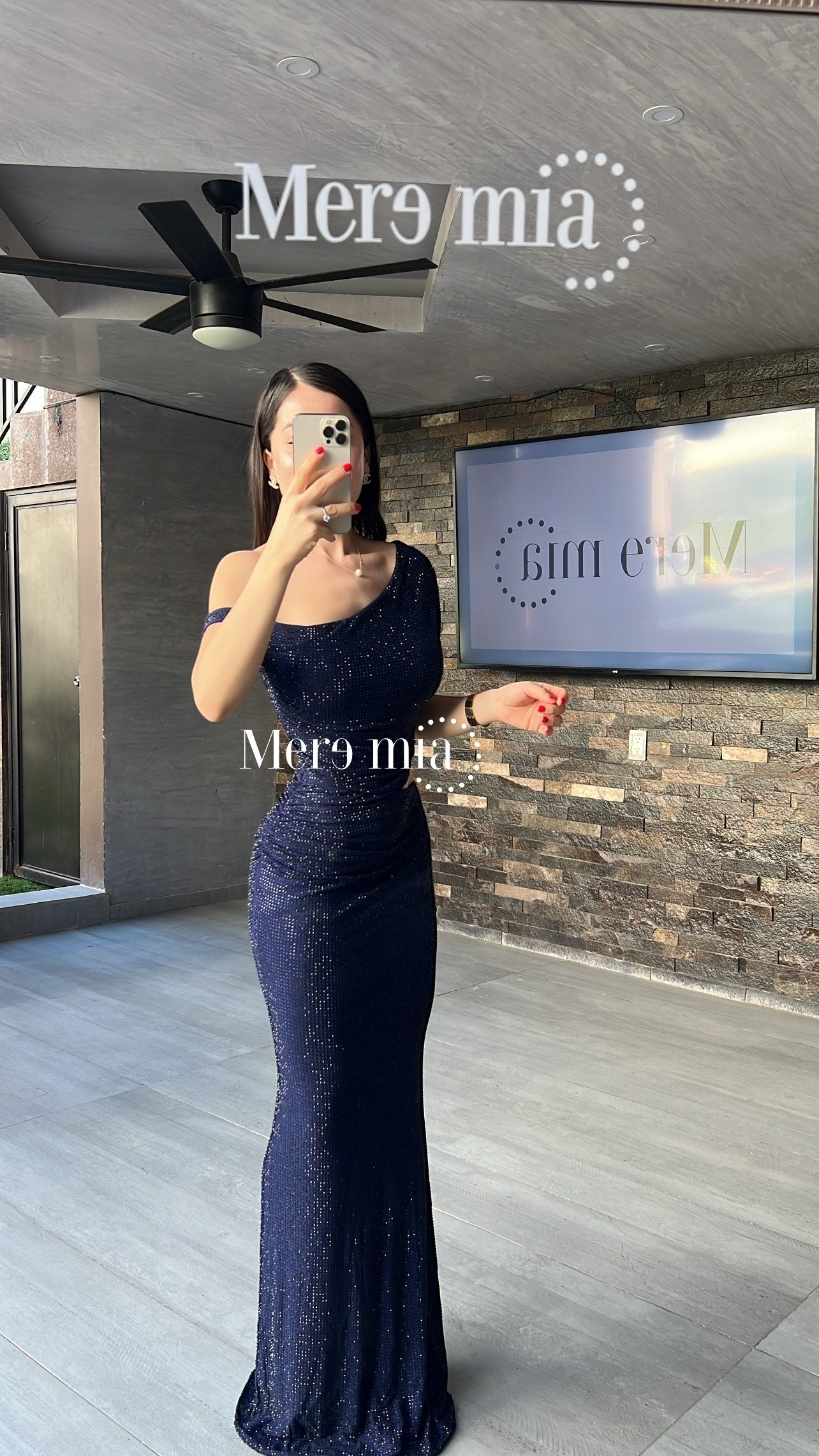 Vestido azul puntos hombro