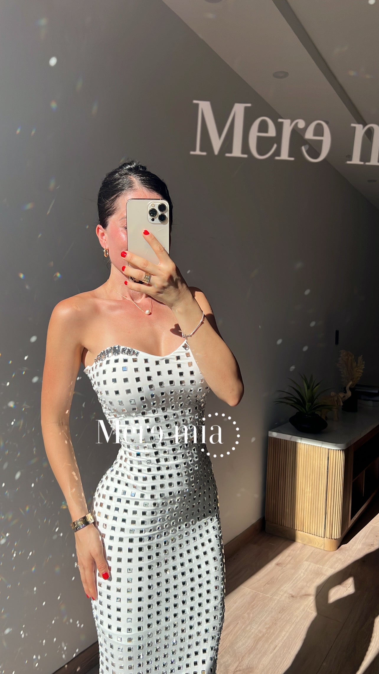 Vestido blanco cuadro plata