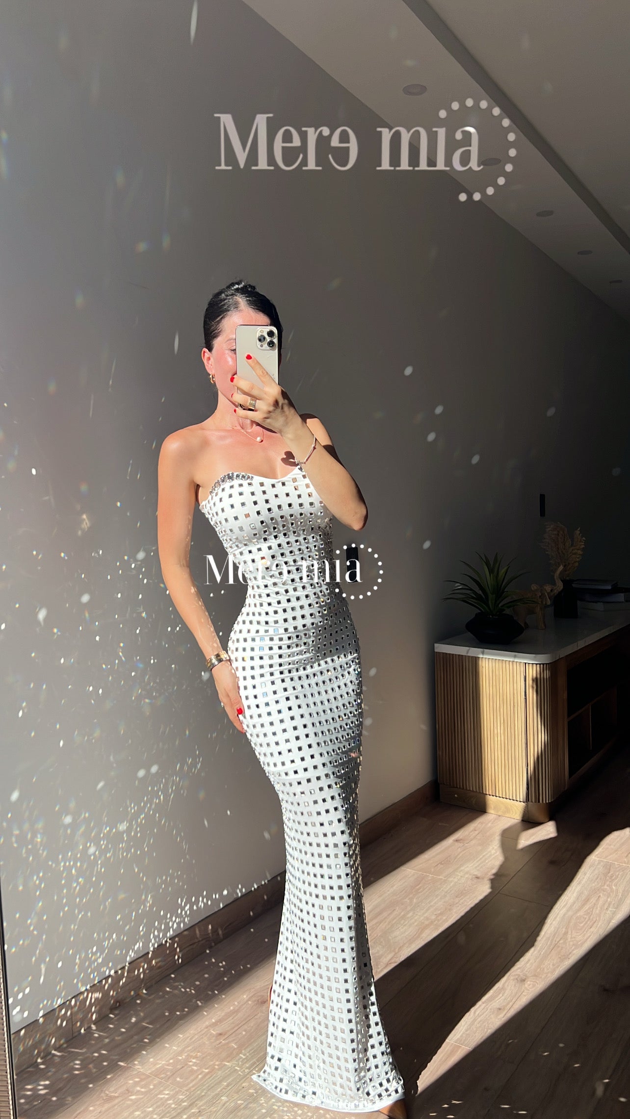 Vestido blanco cuadro plata