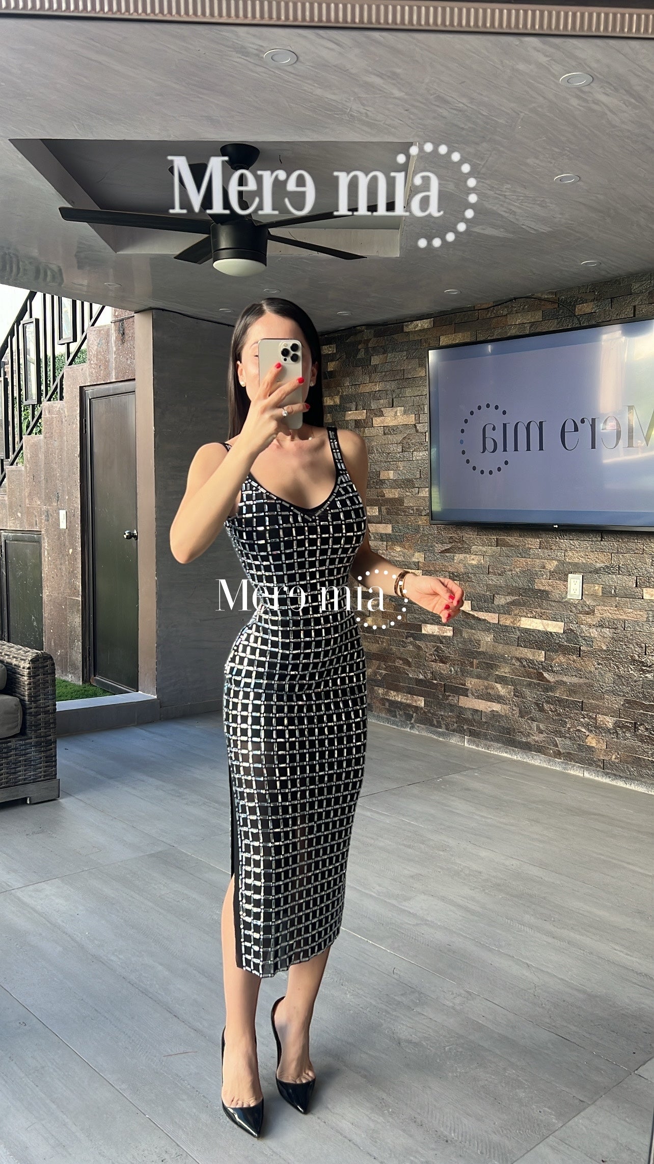 Vestido negro apl cuadros plata