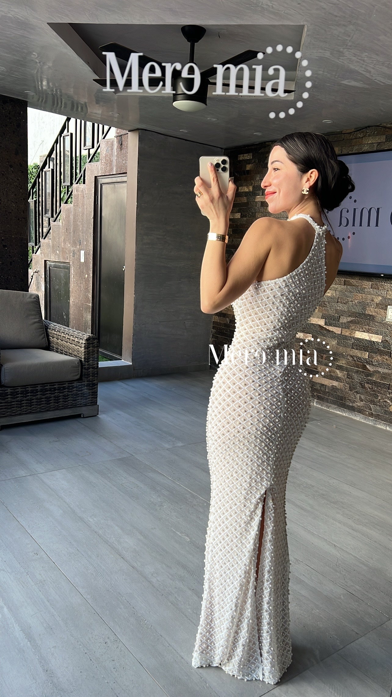 Vestido nude blanco perlas