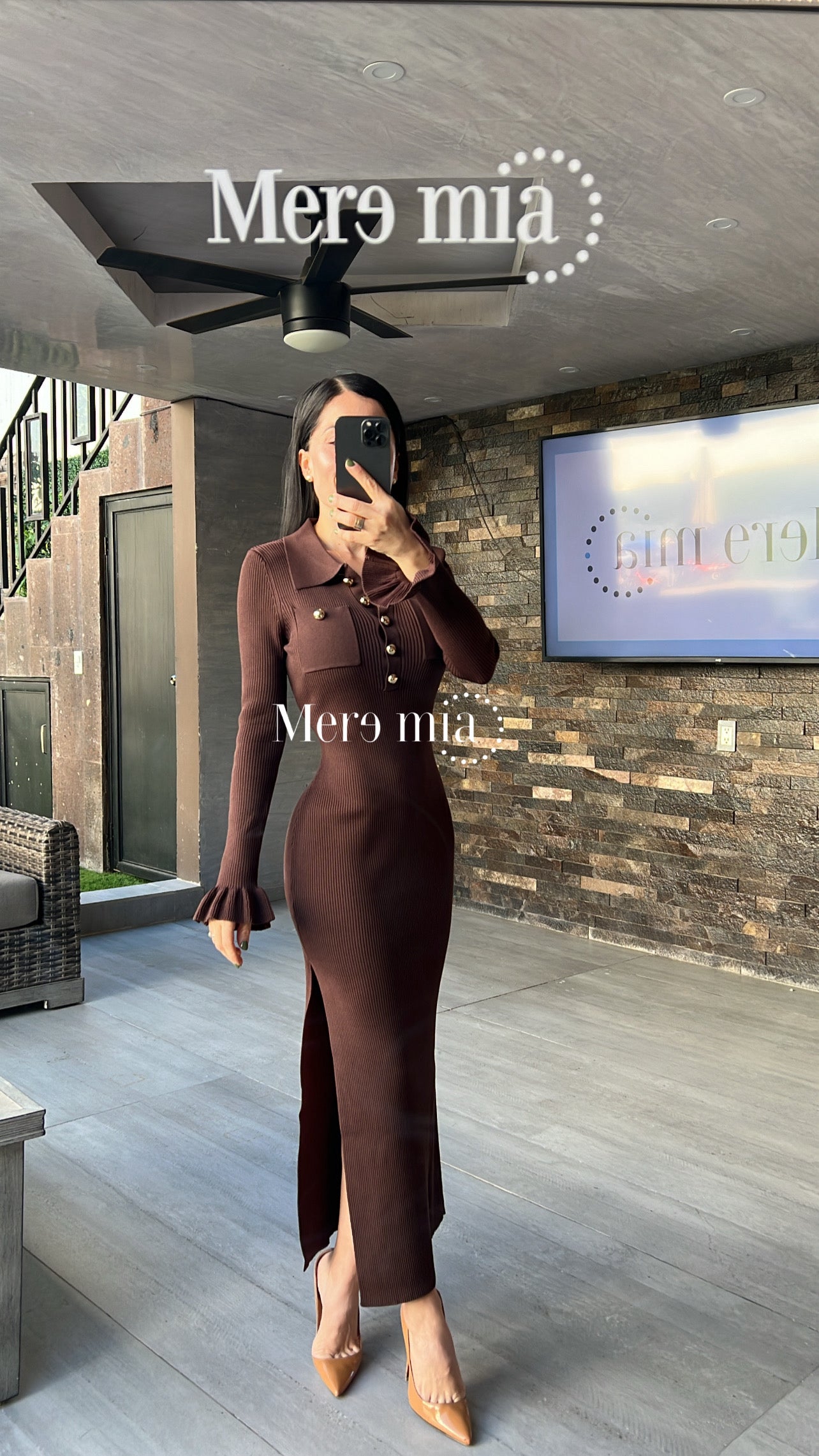 Vestido café cuello olanes